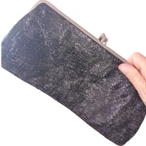 Black Faux Snakeskin Double-Compartment Clutch – Leopard Lining